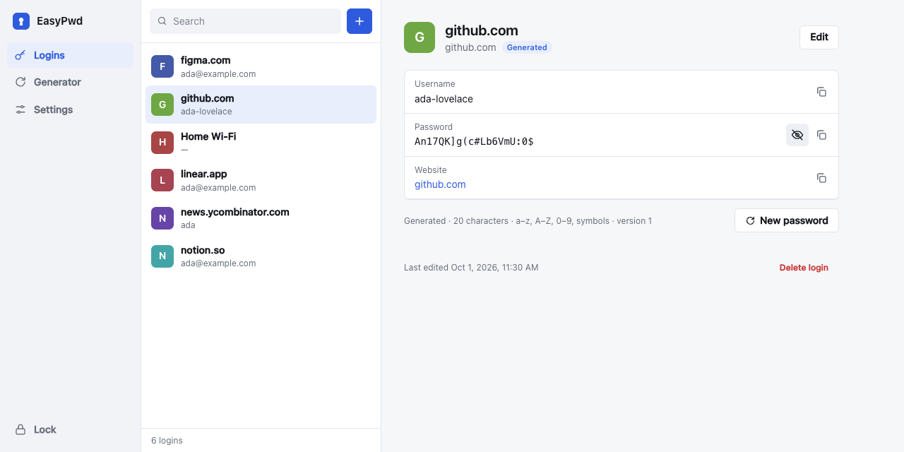 EasyPwd showing a list of logins and the generated password for github.com