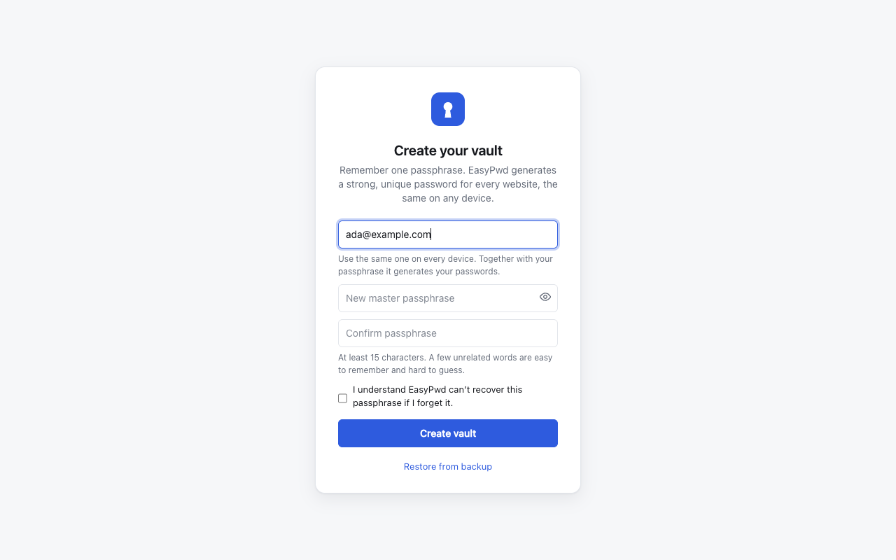 The setup screen asking for an email and a master passphrase