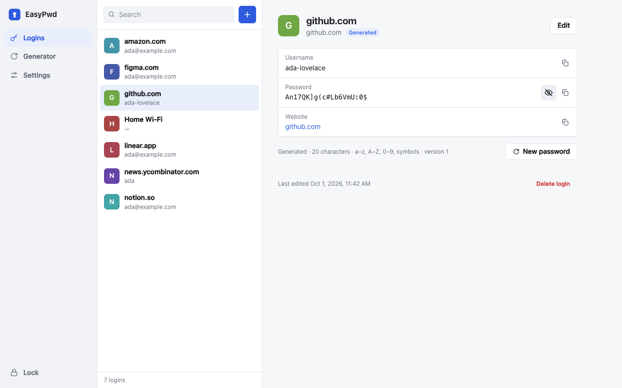 The list of logins with a generated password for github.com