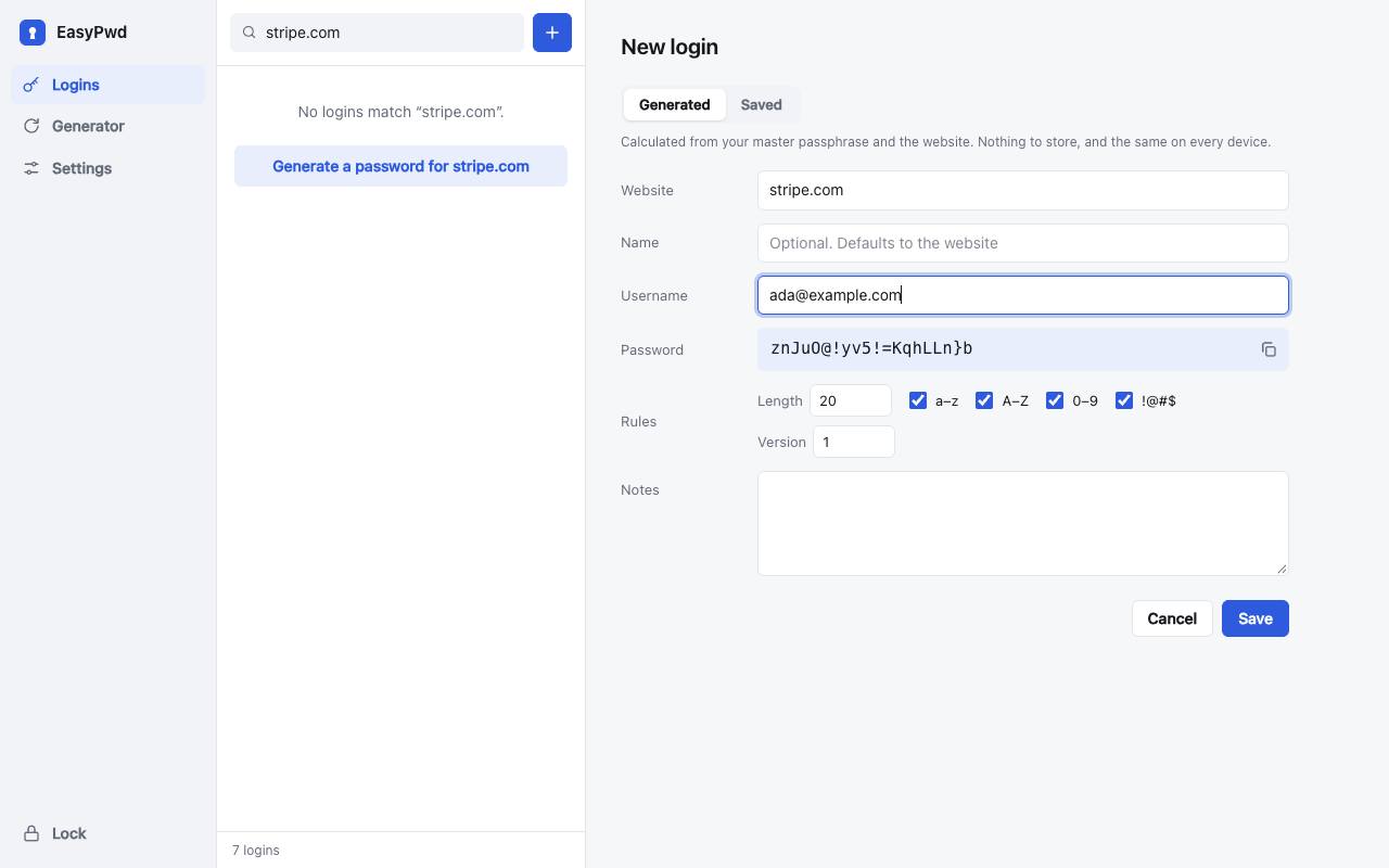 Creating a login for stripe.com with its generated password and rules