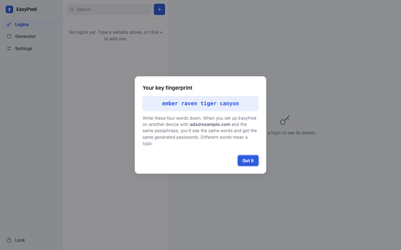 The four-word key fingerprint dialog