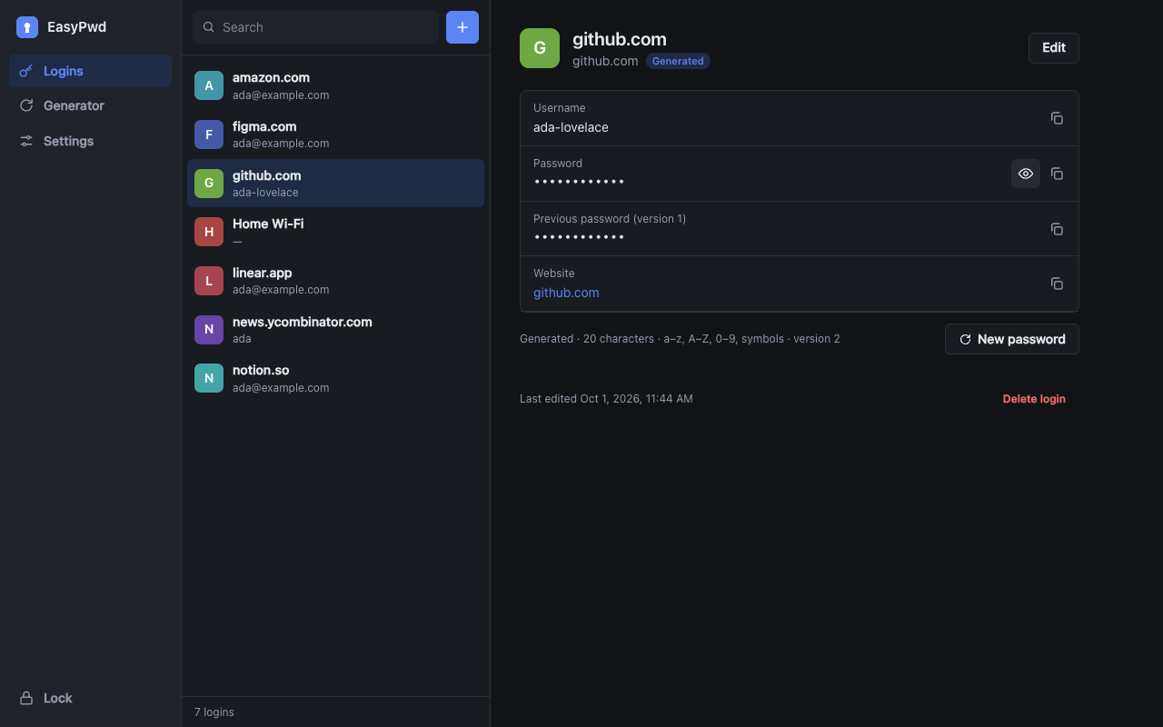A rotated password showing the new and previous versions, in dark mode